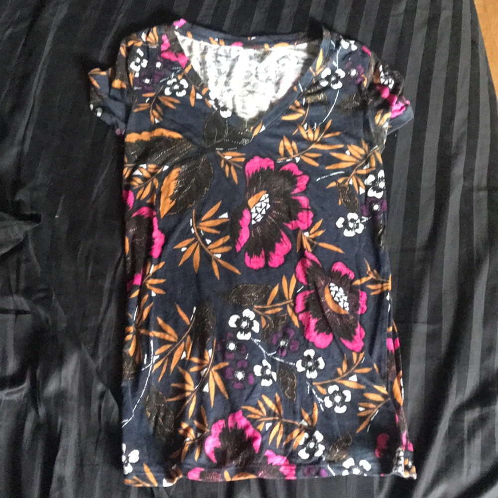 Dark navy blue v-neck with floral pattern